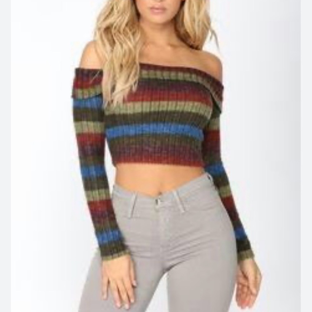 Fashion Nova Multicolor Stripe Off-Shoulder Sweater